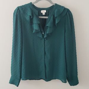 J crew ruffle neck Swiss Dot boho green blouse size medium